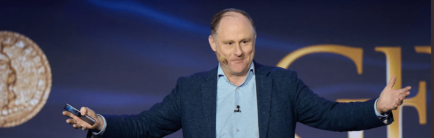 AI Expert Andrew Grill on stage at the Galien Foundation event in Warsaw, Poland
