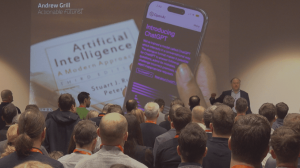 Andrew Grill presenting at the Panta Rei AI event in Lithuania