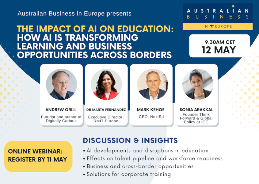 Event poster: AI in education webinar on May 12 at 9:30 CET, featuring four speakers (Grill, Fernandez, Kehoe, Arakkal).