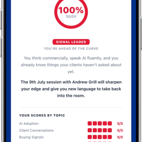 curious-index-results » The Actionable Futurist® Andrew Grill - Trusted Board-level Advisor & International Keynote Speaker Mobile app results screen with World Wide Technology logo, a white card showing a 100% badge labeled 'Signal Leader', followed by a 'You're ahead of the curve' message and a 'Your Scores by Topic' list with red rating blocks for each topic.