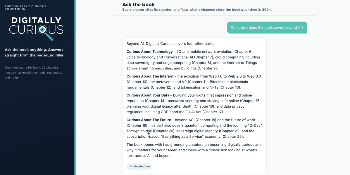 Split webpage: left dark banner with 'DIGITALLY CURIOUS' and magnifying glass; right area shows 'Ask the book' and a content card outlining book parts, including chapters on AI, the Internet, data, and future topics.