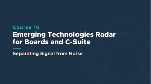 Course banner showing 'Emerging Technologies Radar for Boards and C-Suite' with subtitle 'Separating Signal from Noise' on a dark blue background.