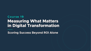 Course banner: Course 19 'Measuring What Matters in Digital Transformation' with subtitle 'Scoring Success Beyond ROI Alone' on a dark blue background.