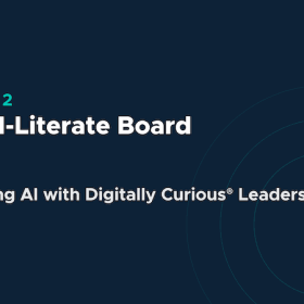 Course 2 banner: 'The AI-Literate Board' with subtitle 'Governing AI with Digitally Curious Leadership' on a dark blue background with circular ring design.