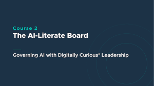 Course 2 banner: 'The AI-Literate Board' with subtitle 'Governing AI with Digitally Curious Leadership' on a dark blue background with circular ring design.