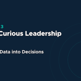 Course 3 banner for 'Data-Curious Leadership' with subtitle 'Turning Data into Decisions' on a dark blue background with circular design elements on the right.