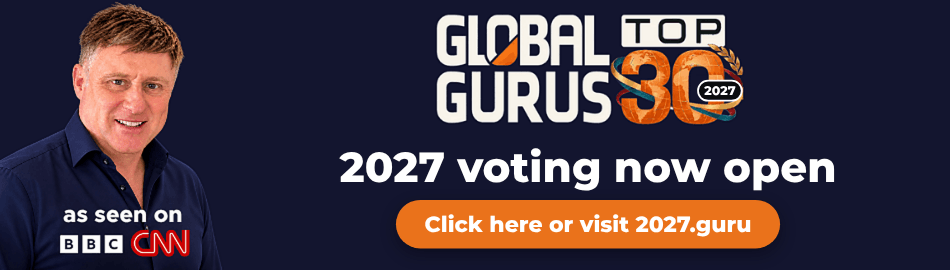 Banner ad: man on the left with 'as seen on BBC CNN' logos, dark background, 'GLOBAL GURUS 30' graphic and '2027 voting now open' text, orange rounded button 'Click here or visit 2027.guru'.
